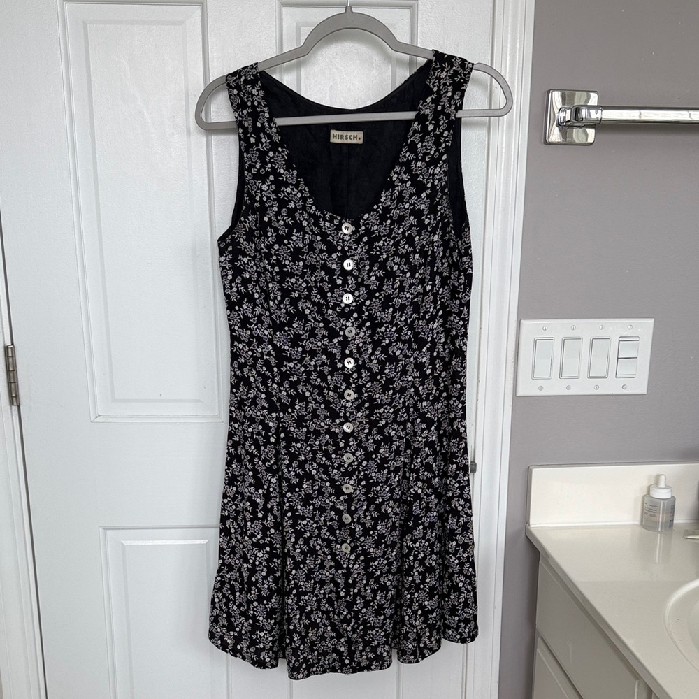 Vintage Hirsch Black White Ditsy Floral Button Down Mini Dress Sleeveless